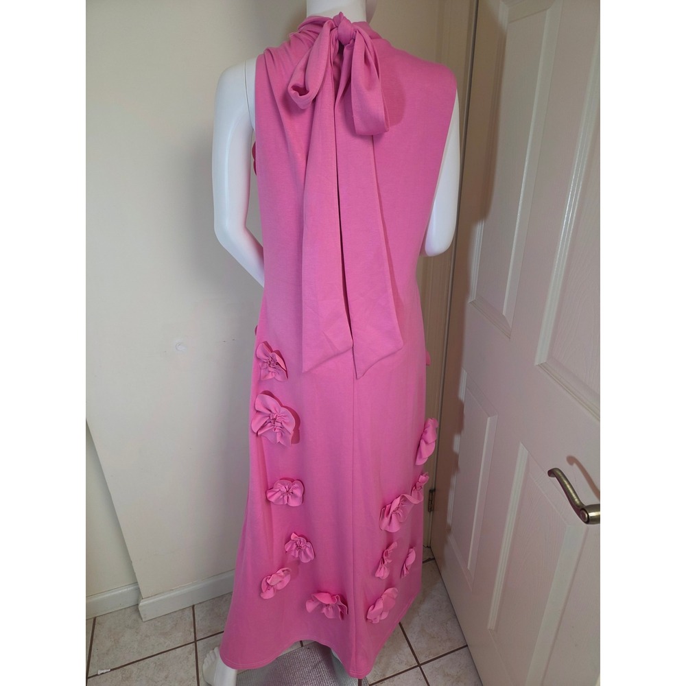 Pink 3D Floral Applique Mock Neck Maxi Dress Sleeveless Tie Back Gown Large - Picture 3 of 8